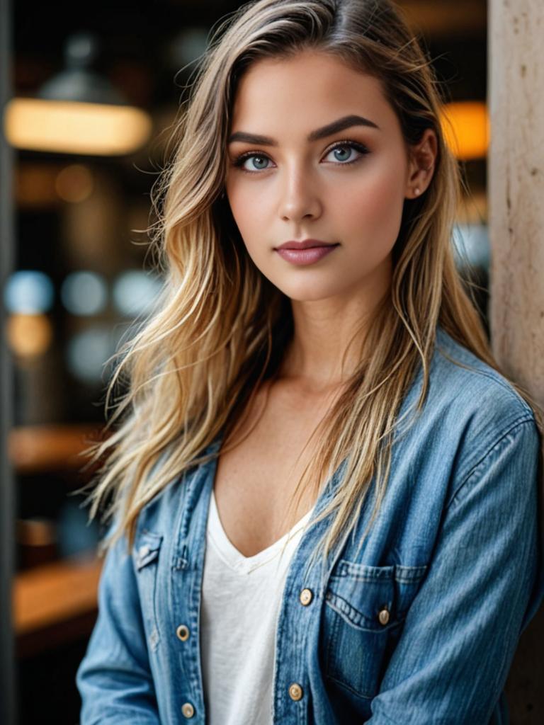 Young Woman with Blue Eyes in Denim Jacket