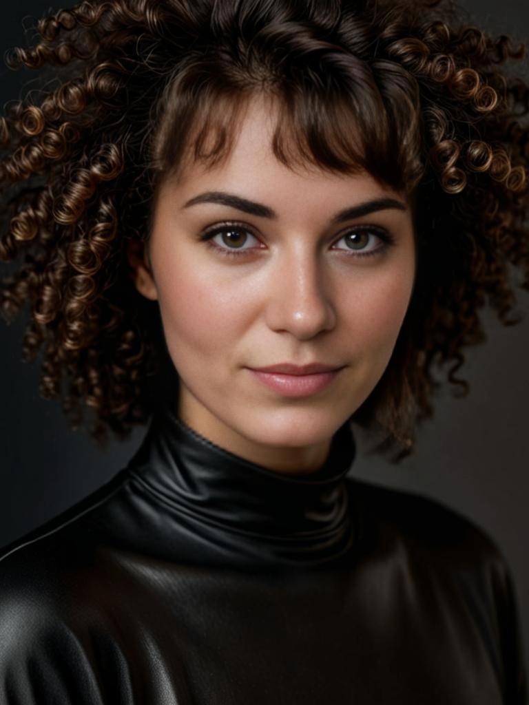 Confident Woman in Black Attire with Curly Hair