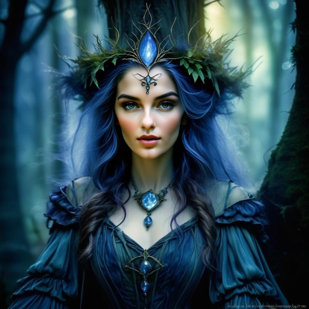 Mystical Woman with Blue Hair and Gemstone Crown in Enchanted Forest