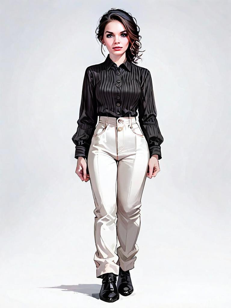 Realistic Comic Style Woman in Modern Black Shirt and White Pants Full Body Illustration
