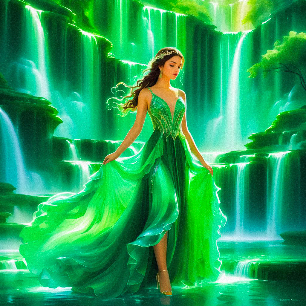 Elegant Woman in Green Gown by Waterfall