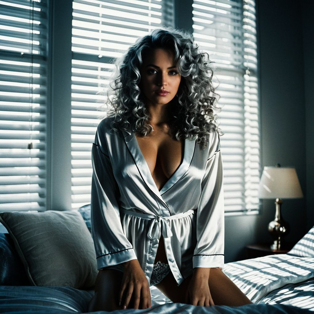 Woman in Silky Robe on Bed in Soft Light