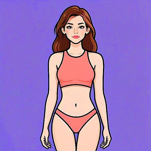 Illustration of Woman in Sporty High-Neck Coral Bikini with Pretty Hair