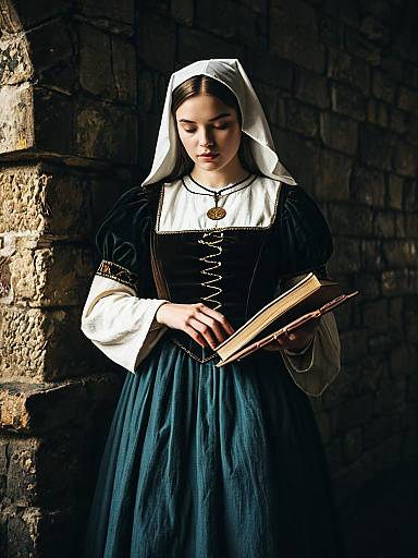 Woman in Medieval Pilgrim Costume Reading Old Book