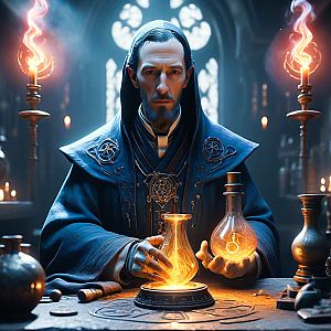 Solemn Man in Dark Robes Performing Ancient Ritual