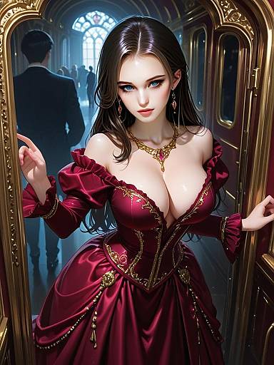 Sophisticated Woman in Elegant Deep Red Plunging Neckline Gown with Gold Embroidery