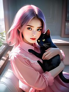 Woman with Purple Hair Holding Black Cat