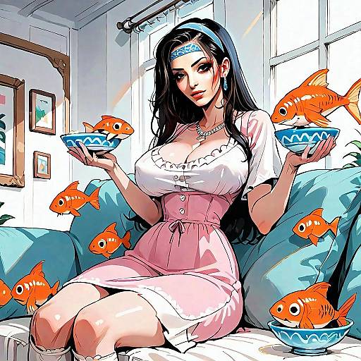 Anime Style Woman with Floating Goldfish in Bright Room Illustration