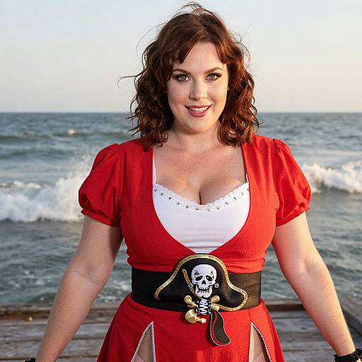 Woman in Red Pirate Costume by Ocean Wearing Skull Belt