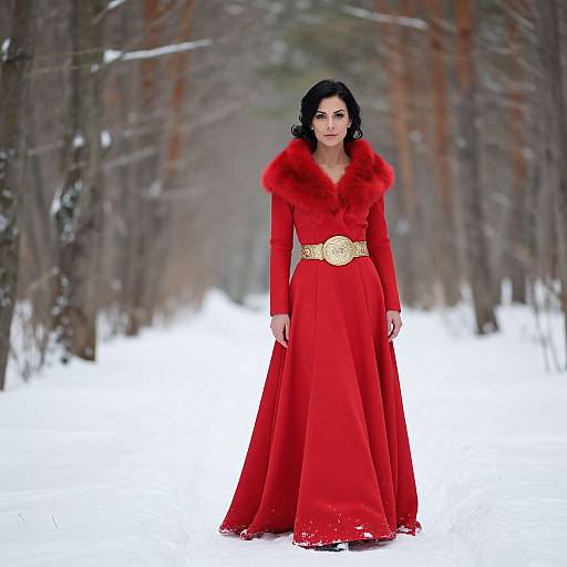 Elegant Woman in Red Fur Collar Gown in Snowy Winter Forest