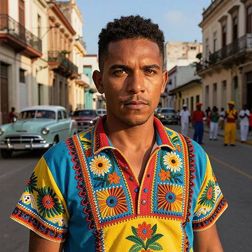 Young Man in Embroidered Shirt on Vibrant Colonial Street with Vintage Cars