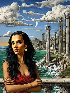 Confident Woman in Red Dress by Greek Ruins