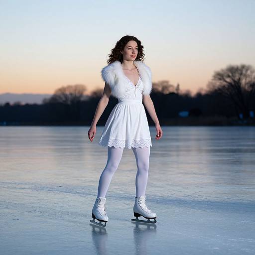 Woman in White Dress Ice Skating on Frozen Lake at Sunset