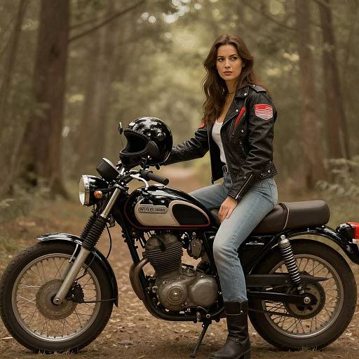 Woman on Classic Black Motorcycle in Forest with Leather Jacket and Helmet