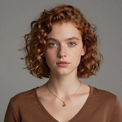 Portrait of Young Woman with Curly Red Hair and Gold Necklace