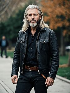 Mature Man in Black Leather Jacket with Autumn Background