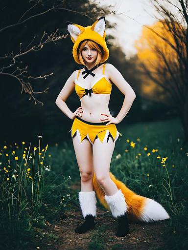 Fox Cosplay Woman in Yellow Moonlight Forest Costume