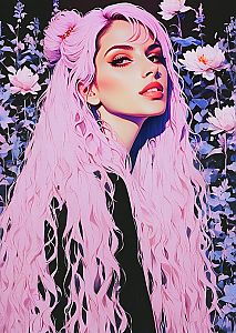 Striking Woman with Pink Hair and Flower Background