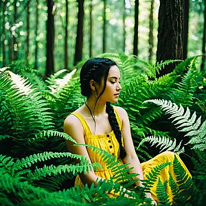 Young Woman in Yellow Dress Amidst Ferns in Forest