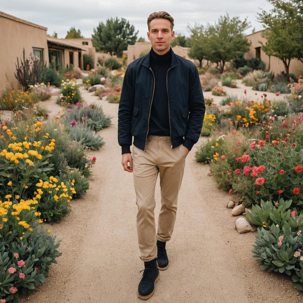 Confident Man in Casual Attire in Vibrant Garden