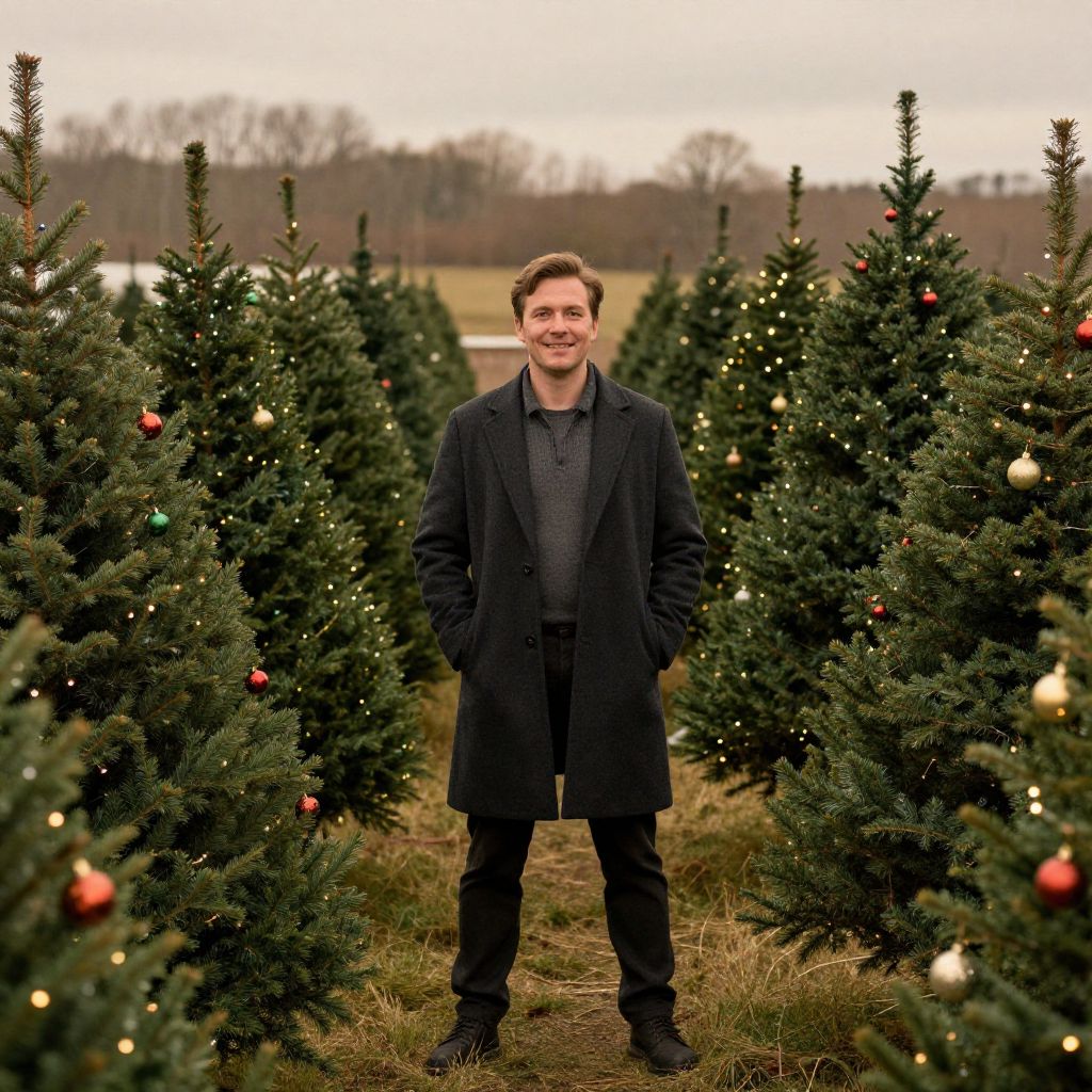 Man Standing Among Decorated Christmas Trees at Tree Farm