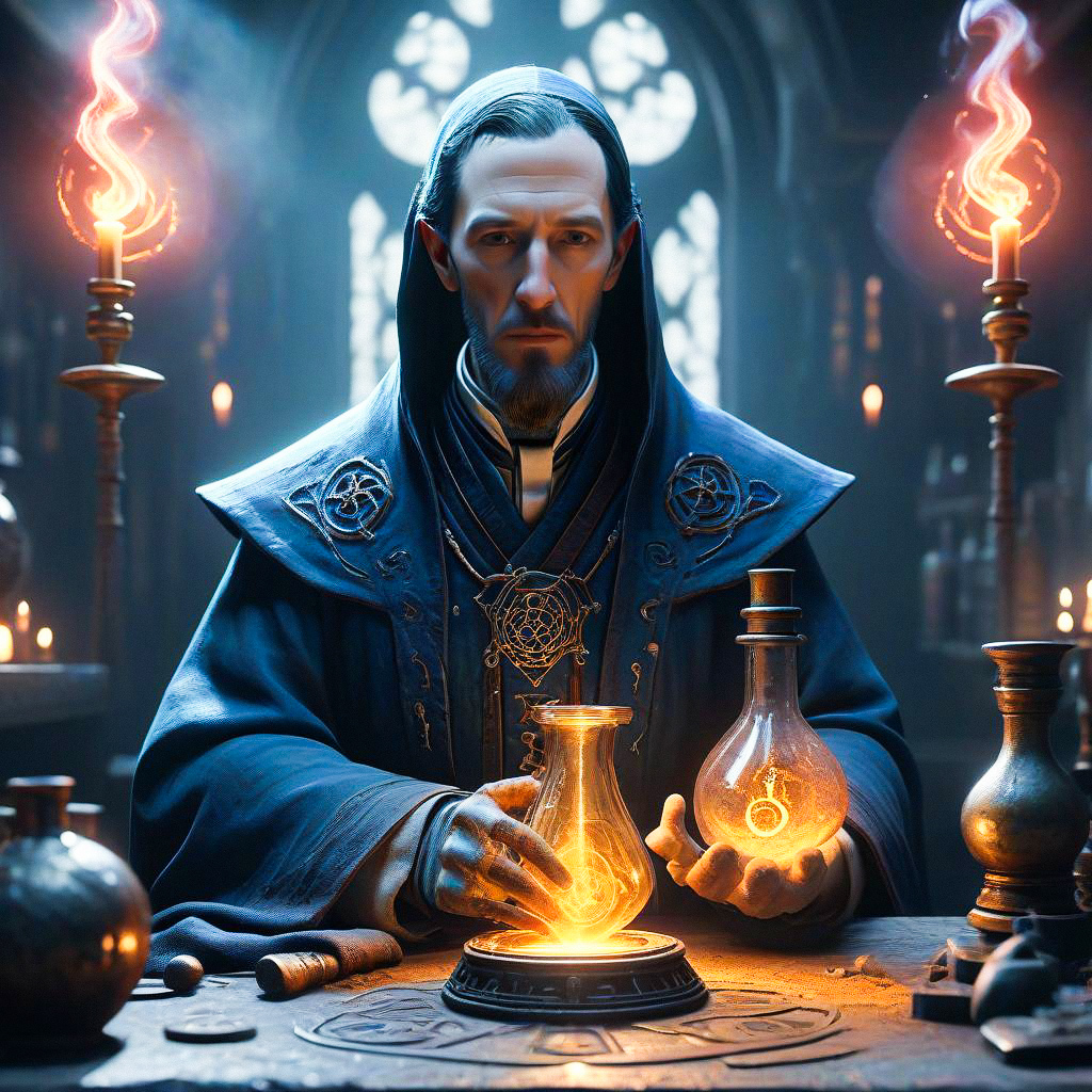 Solemn Man in Dark Robes Performing Ancient Ritual Solemn Man in Dark Robes Performing Ancient Ritual