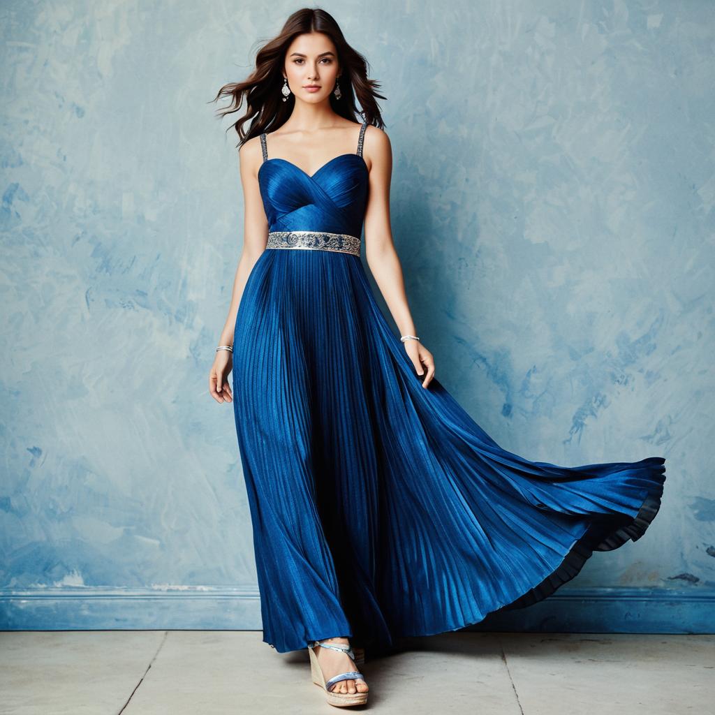 Elegant Woman in Flowing Royal Blue Evening Gown with Pleated Skirt