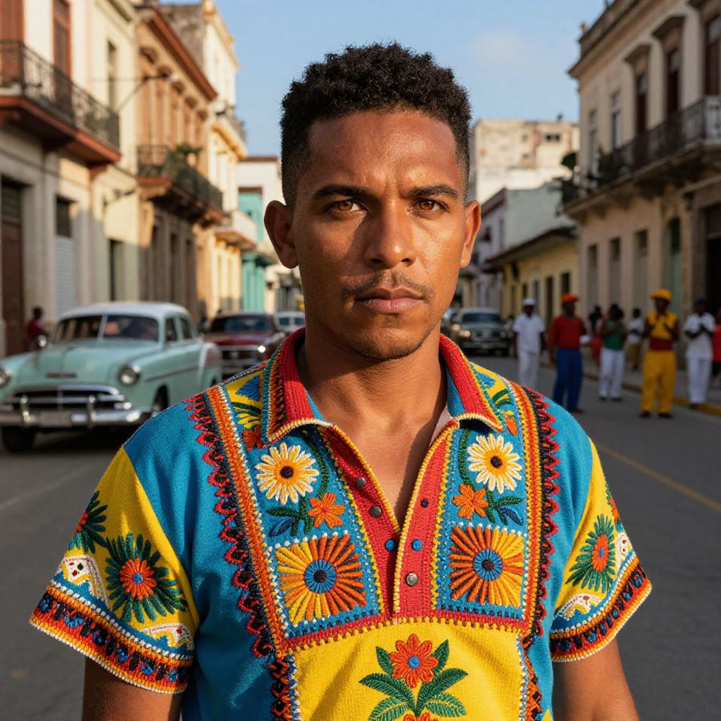 Young Man in Embroidered Shirt on Vibrant Colonial Street with Vintage Cars