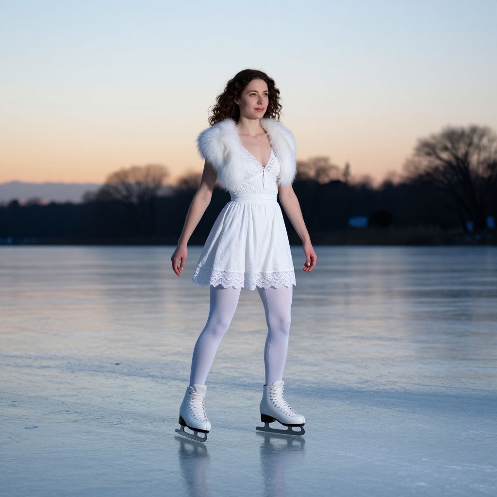 Woman in White Dress Ice Skating on Frozen Lake at Sunset
