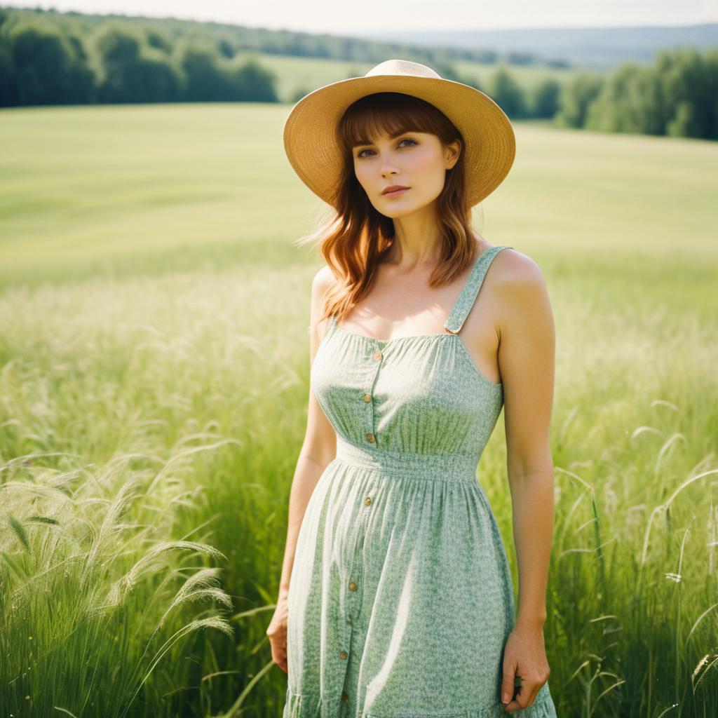 Young Woman in Blue Dress in Green Field