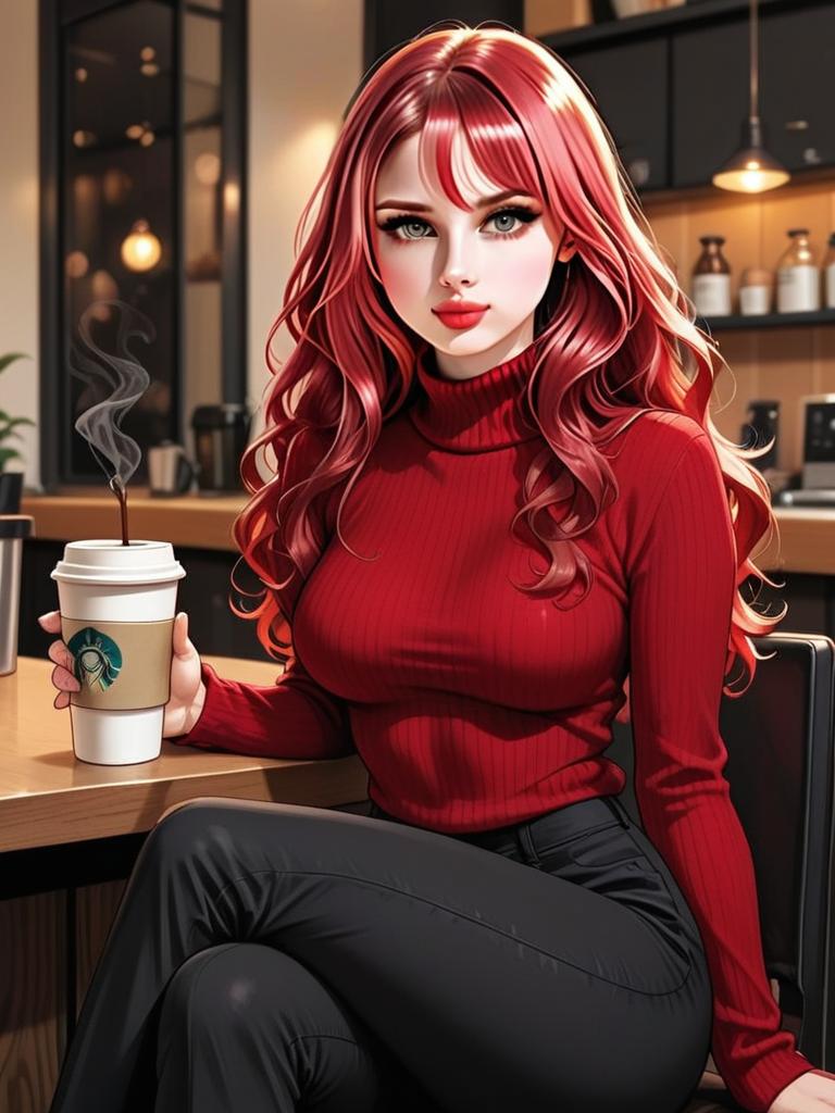 Stylish young woman with red hair in modern cafe