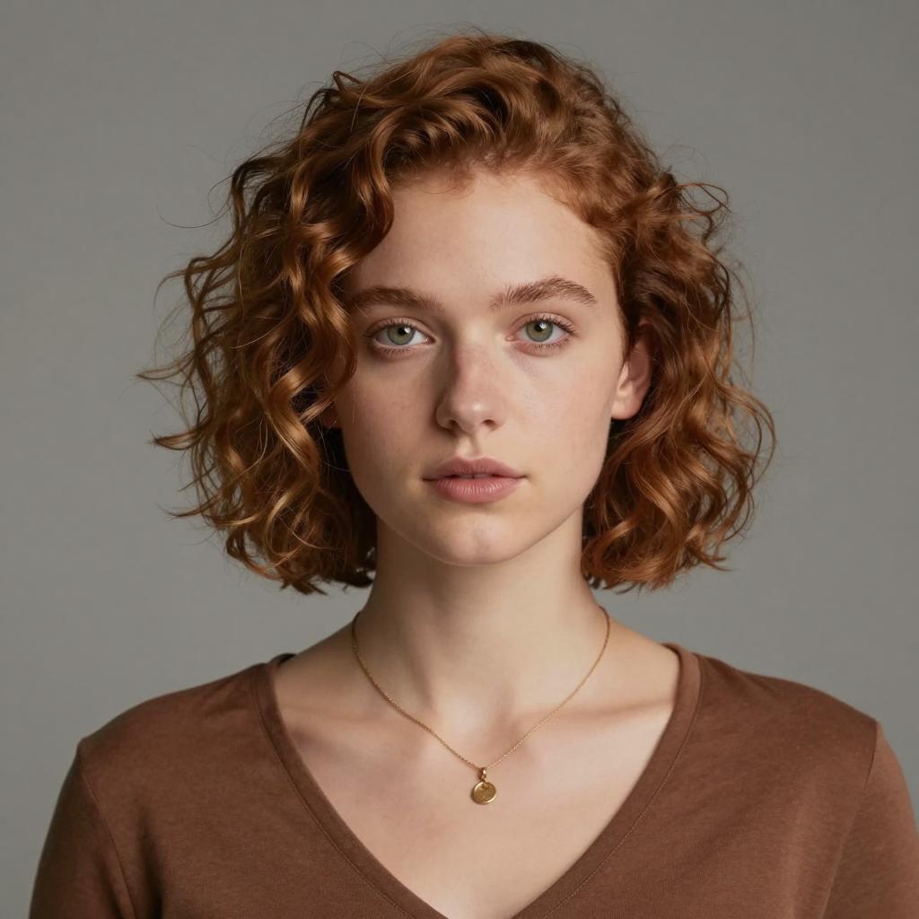 Portrait of Young Woman with Curly Red Hair and Gold Necklace