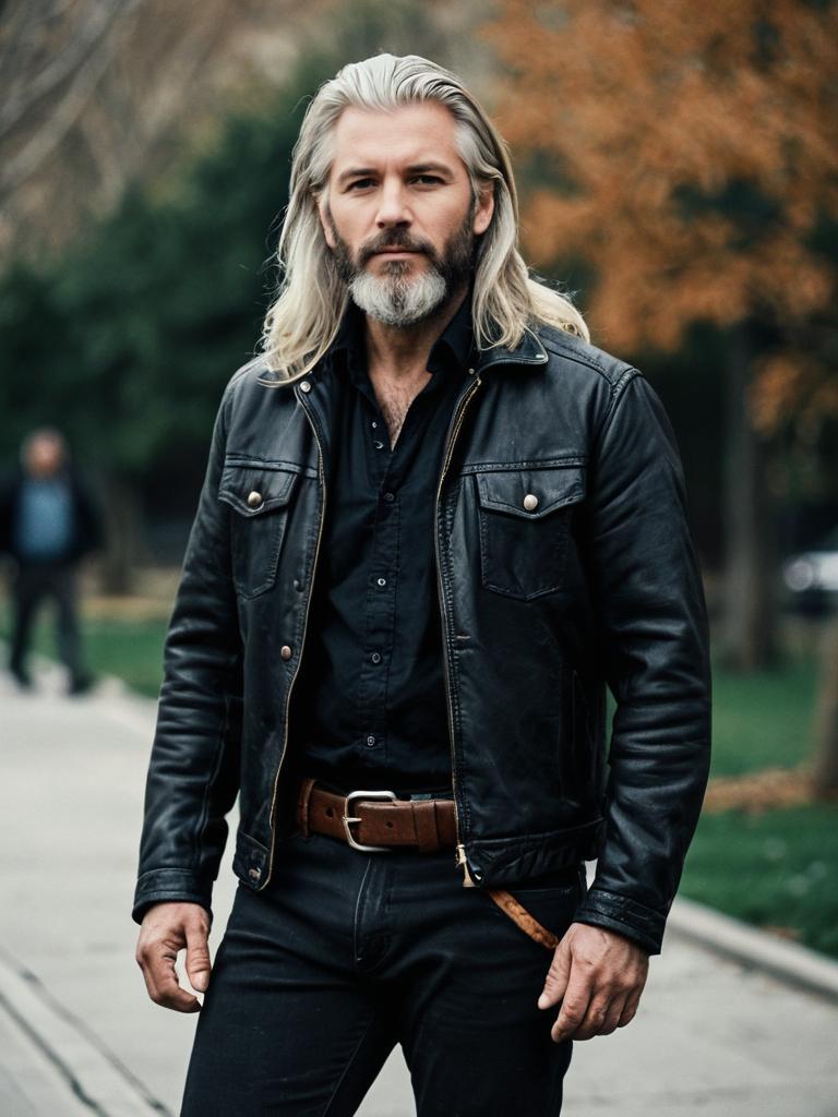 Mature Man in Black Leather Jacket with Autumn Background