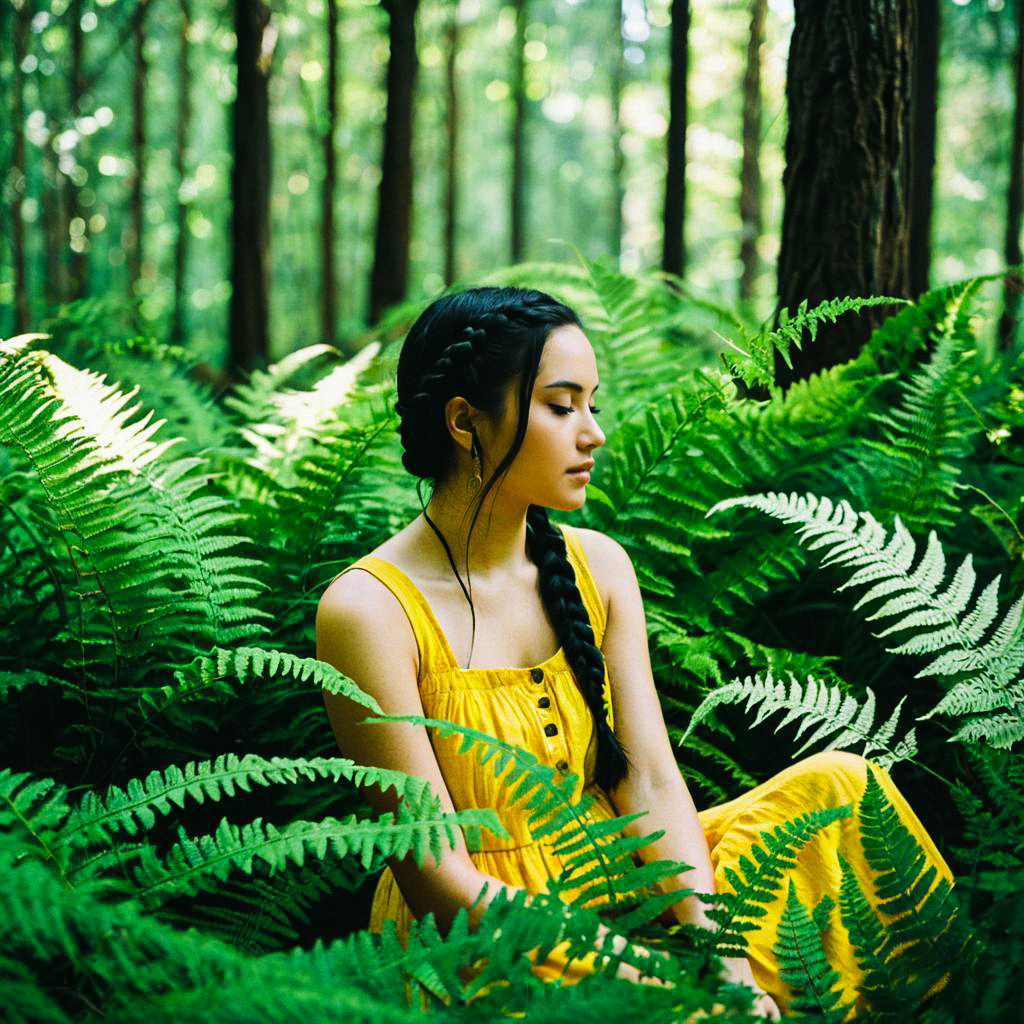 Young Woman in Yellow Dress Amidst Ferns in Forest