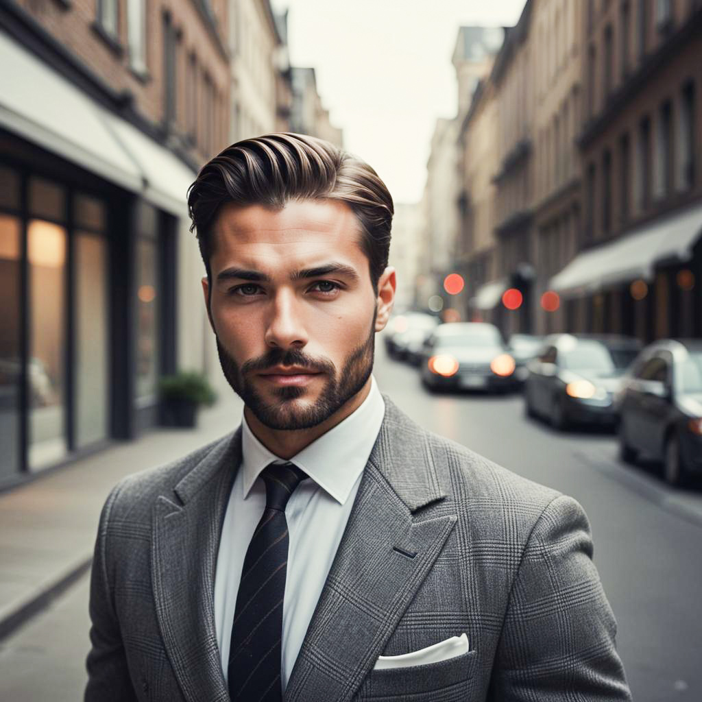 Sophisticated Man in Gray Suit on City Street