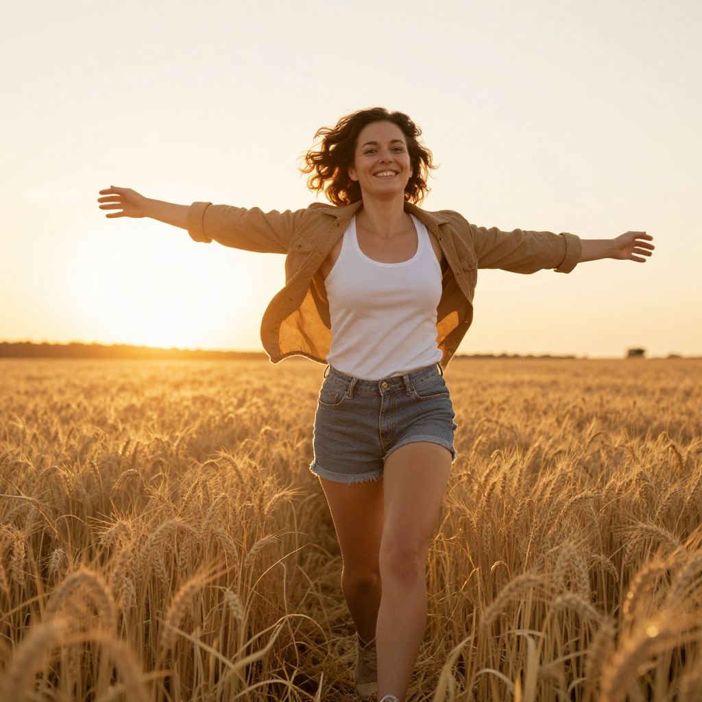 Joyful Woman Running Through Golden Wheat Field at Sunset