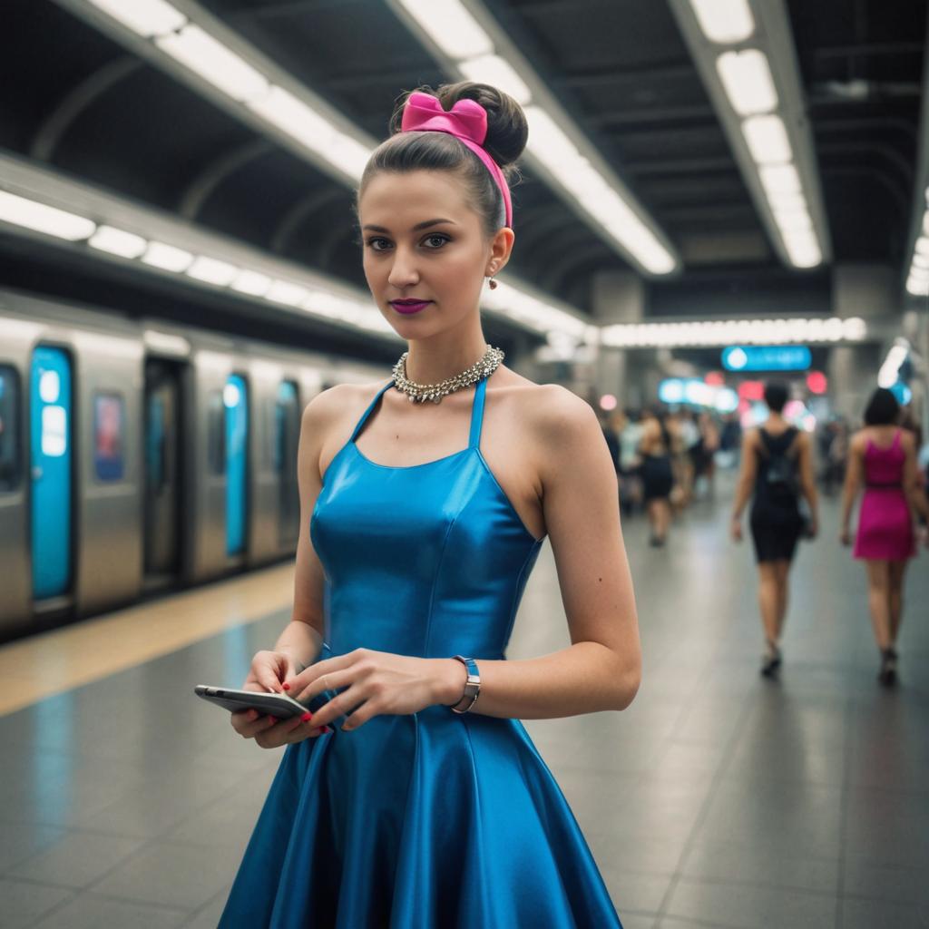 Confident Woman in Vintage-Modern Blue Dress at Subway Station