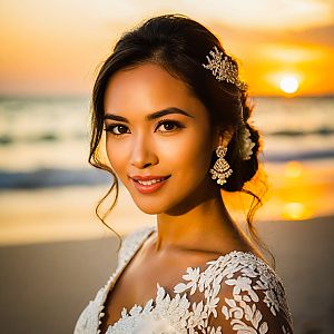 Elegant Woman in Lace Dress at Beach Sunset