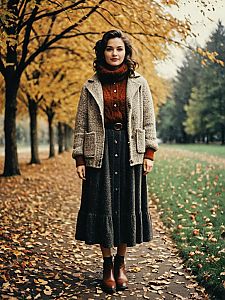 Woman in Vintage Cozy Fall Outfit Standing on Autumn Path