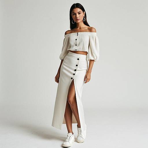 Woman in Off-Shoulder White Crop Top and High-Slit Buttoned Skirt Fashion Look