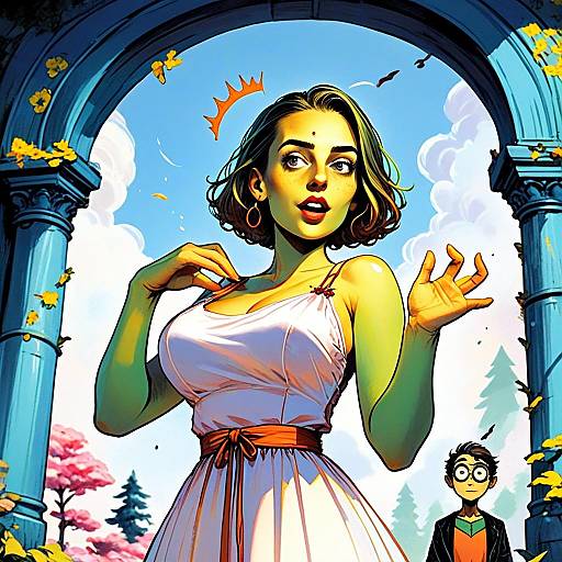 Fantasy Digital Art of Regal Woman and Man under Archway in Vibrant Landscape