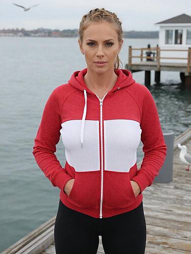 Sporty Woman in Red and White Hoodie on Waterfront Pier