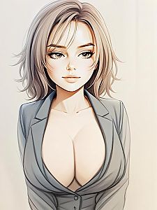 Confident Woman in Gray Blazer Digital Anime Style Illustration