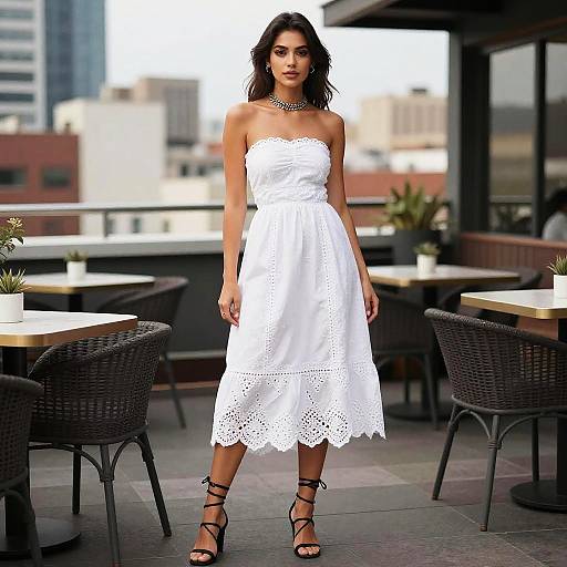 Willowy Woman in White Strapless Midi Dress with Eyelet Lace