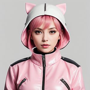 Young woman with pink hair in shiny jacket and bucket hat
