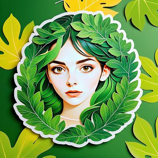 Digital Illustration of Woman Surrounded by Green Leaves Nature Frame
