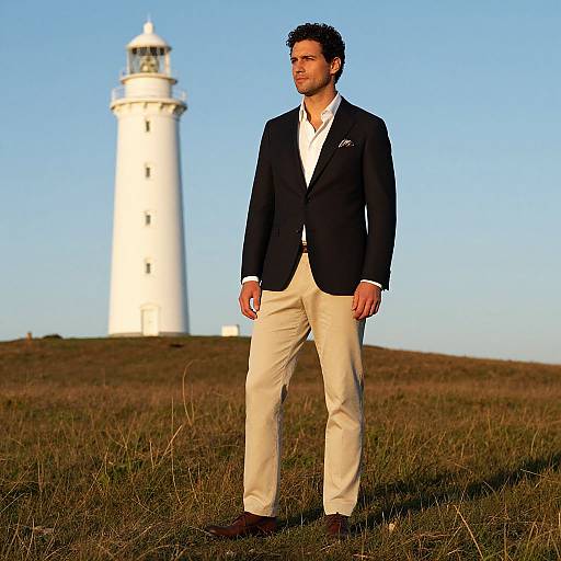 Man in Navy Blazer and Beige Trousers by White Lighthouse on Grassy Hill