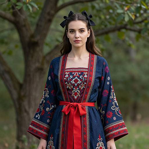 Woman in Traditional Embroidered Blue and Red Dress with Sash Outdoors