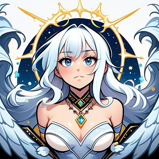Angel Girl with Shimmering White Hair and Celestial Halo Anime Art