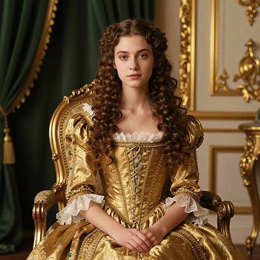 Young Woman in Baroque Style Golden Gown Sitting on Ornate Chair